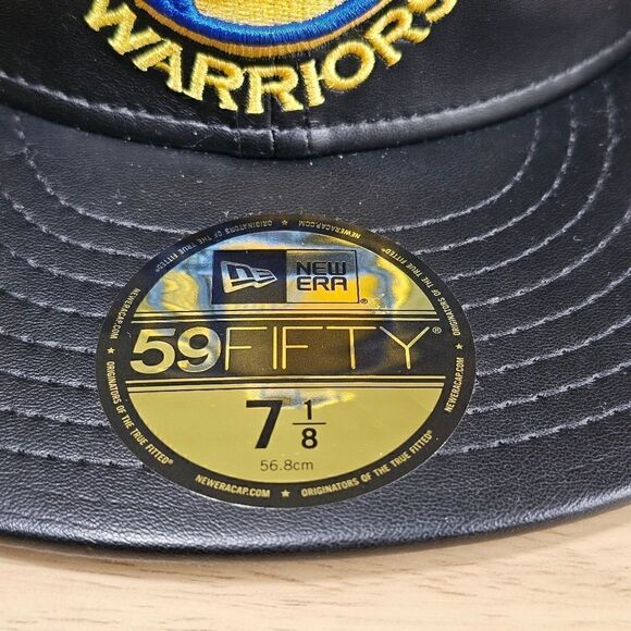 New Era Golden State Warriors Leather Hat Cap Black Yellow 59FIFTY 7 1/8 Curry
